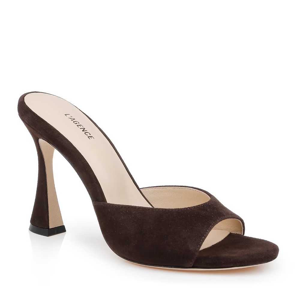 NEW NIB L’AGENCE Avery Open Toe Mule Sandal Heels In Dark Brown Suede